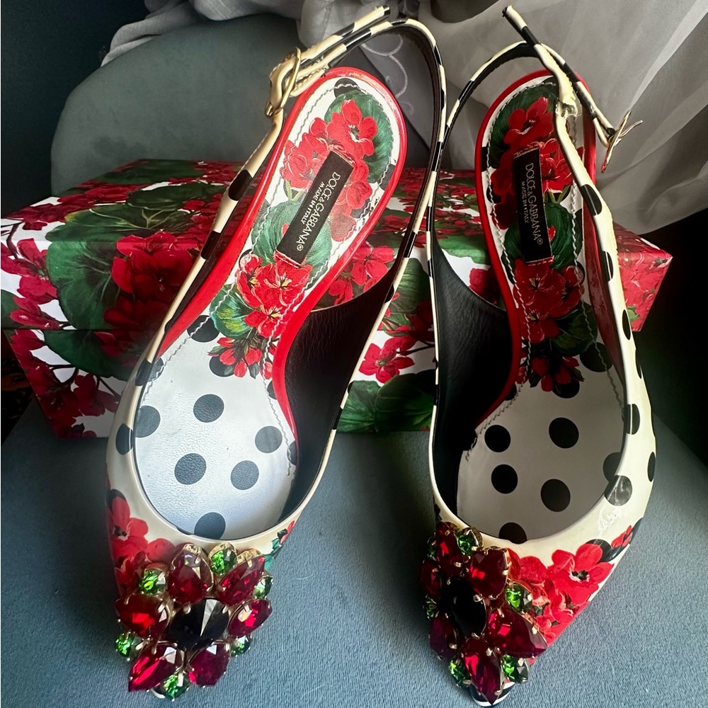 DOLCE & GABBANA Slingback Heels with Polka Dot/Floral Jeweled Pointed Toe.